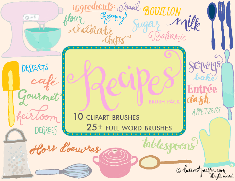 "Recipes" Clipart Brush Pack: for Embellishing Recipe Cards, Food