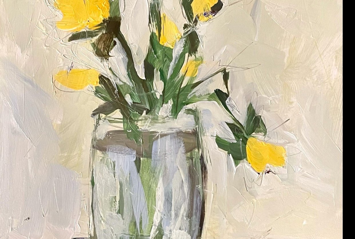 Oil painting Painting still life Floral painting Daffodils vase Painting canvas stretcher White flowers Striped tablecloth Author/'s work