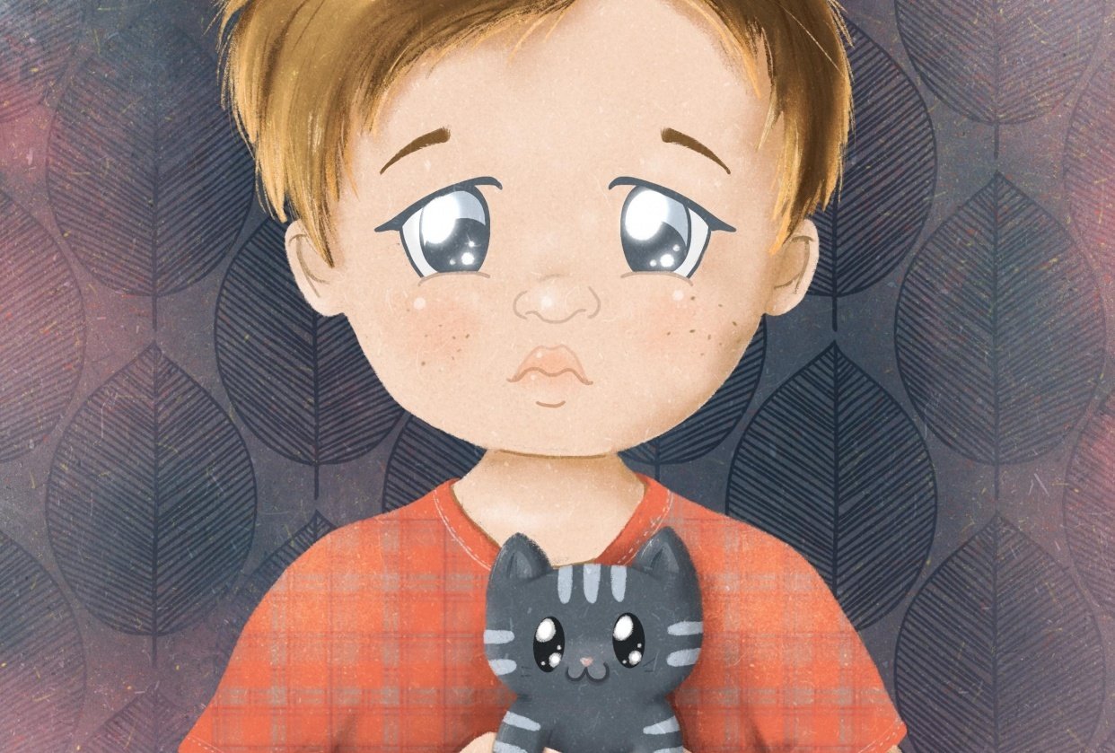 Sad boy with a kitten - student project