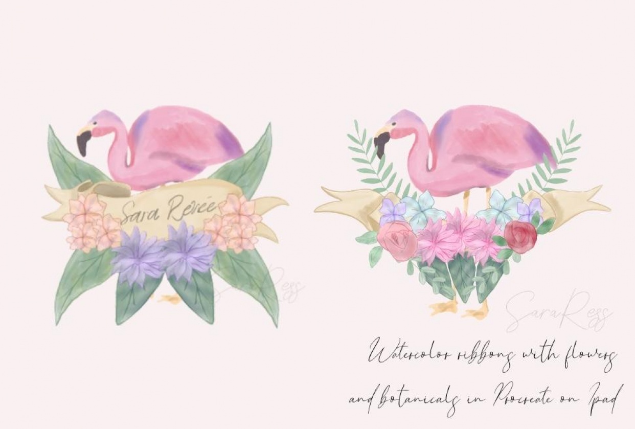 Watercolor ribbons with flowers and botanicals - student project