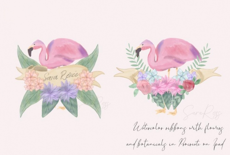 Watercolor ribbons with flowers and botanicals