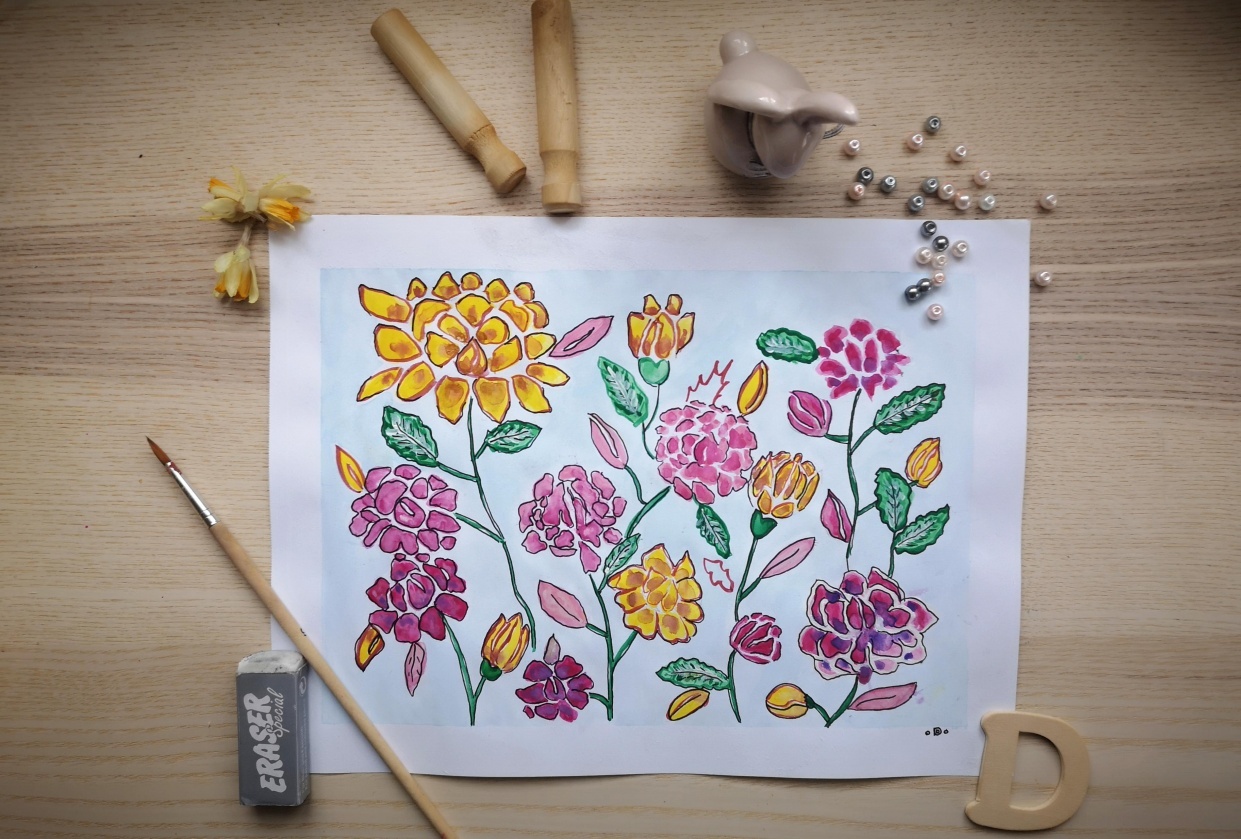 Peonies with ink - student project
