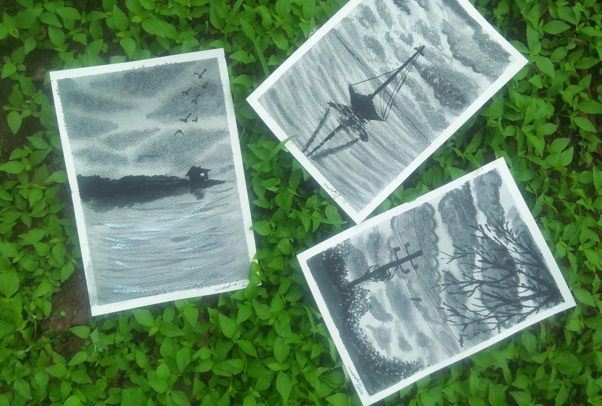 Misty monochrome watercolor skies painting - student project