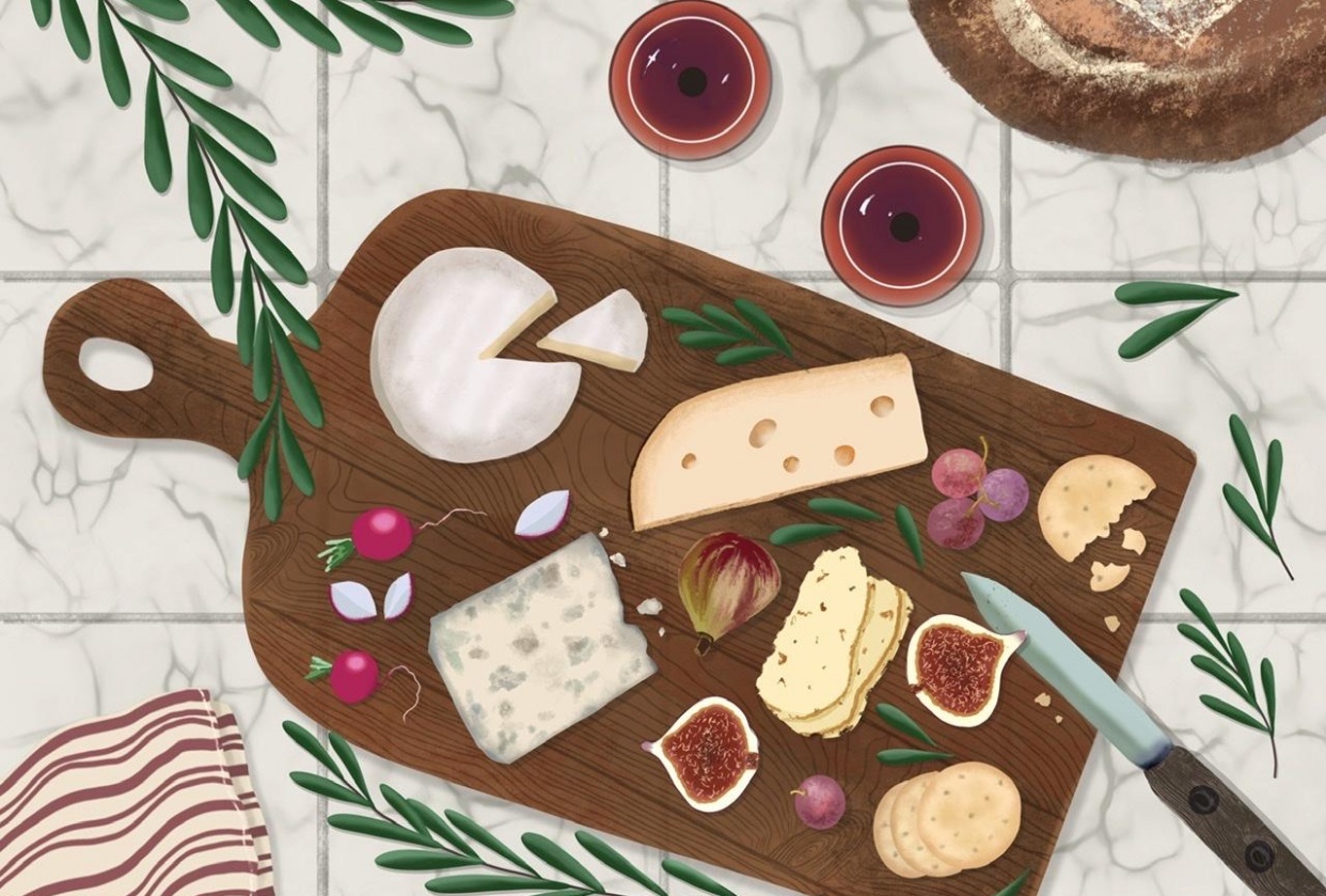 Wine and Cheese flatlay illustration - student project