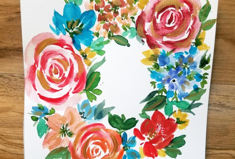 Floral watercolour wreath: brush marking technique