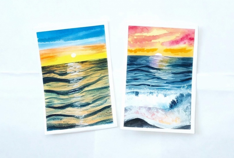 Watercolor sunset seascape