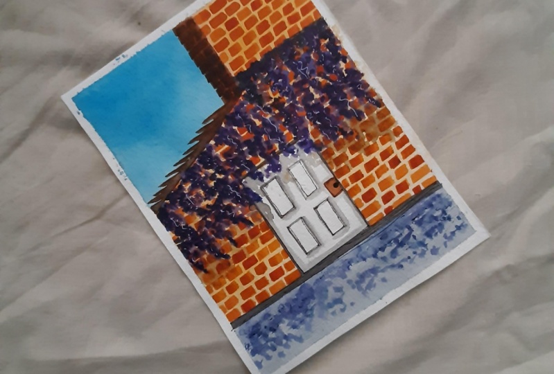 Watercolor florals - Learn to paint purple wisteria flowers against a brick wall