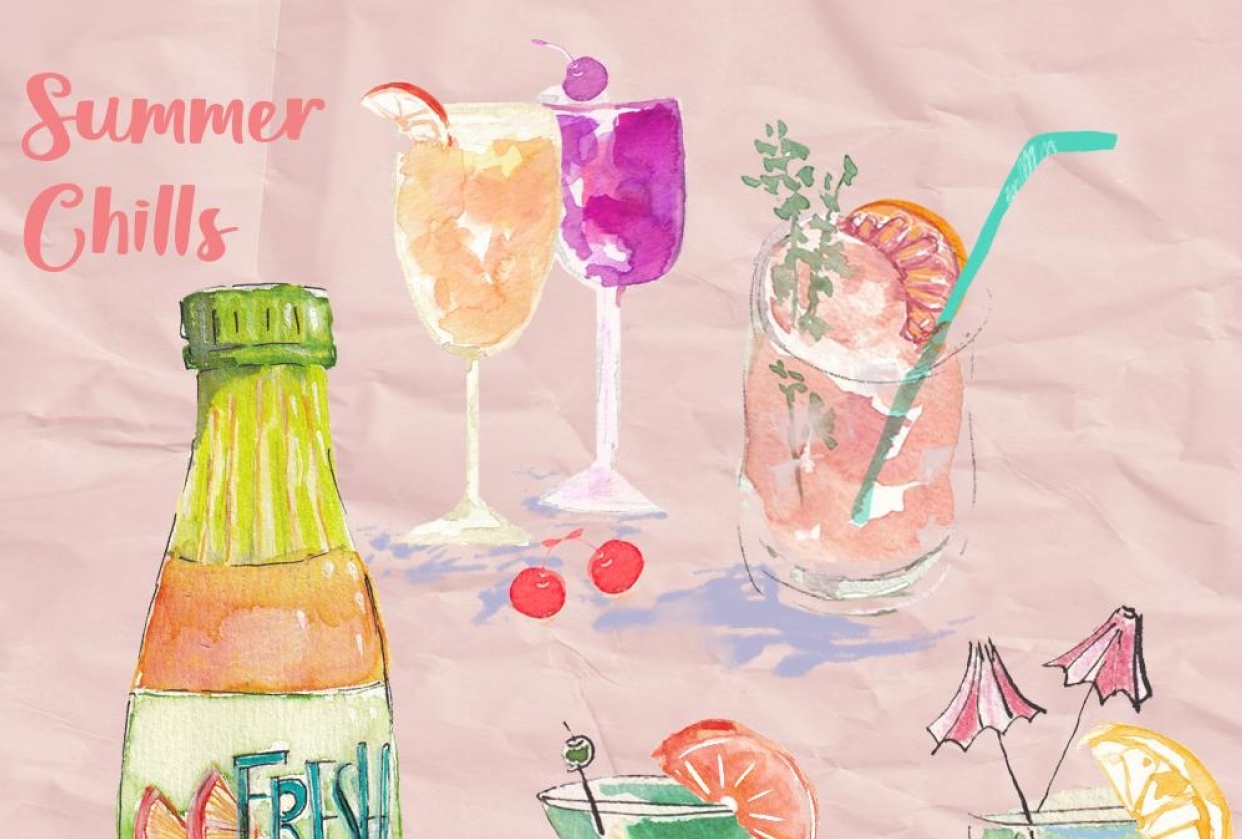 Summer chills- watercolor, ink and more - student project