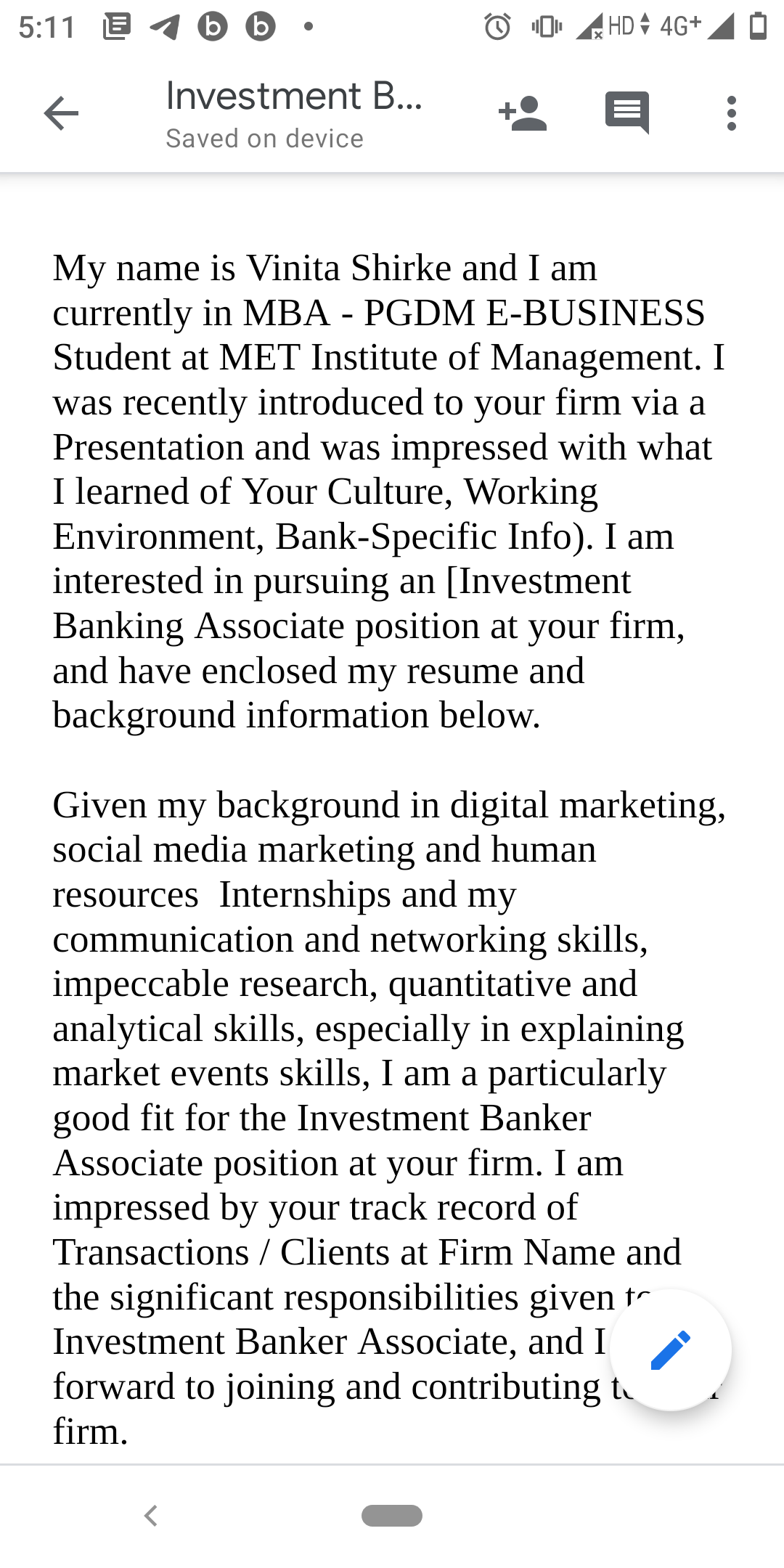 Cover letter - student project