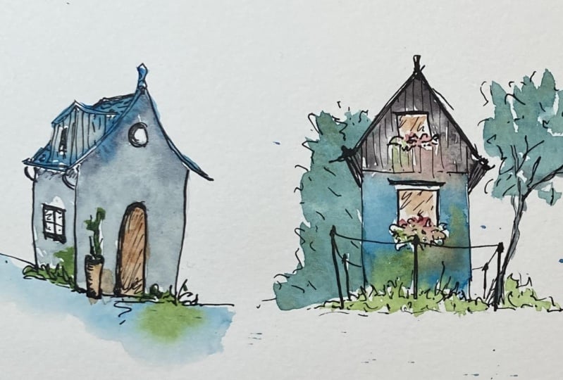 Watercolour and ink houses.