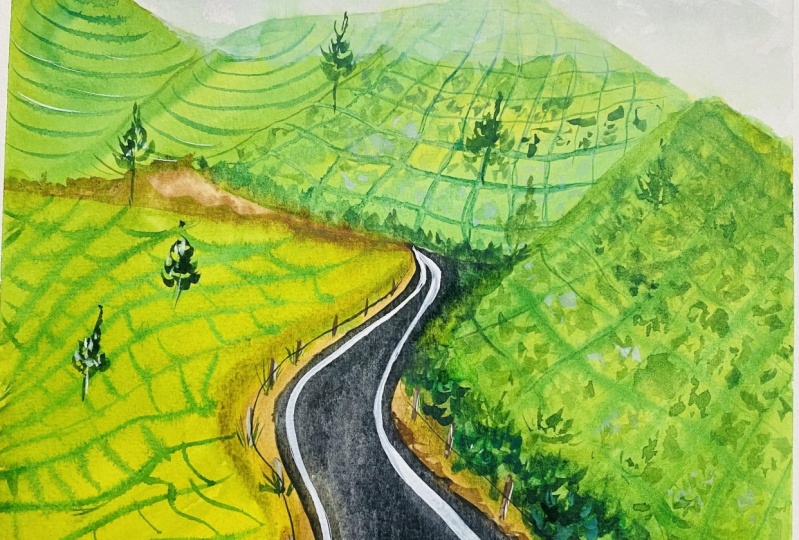 Tea garden with watercolors