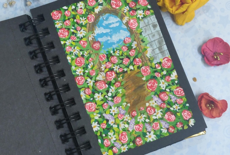 Gouache on black paper: beginner friendly rose meadow with gouache