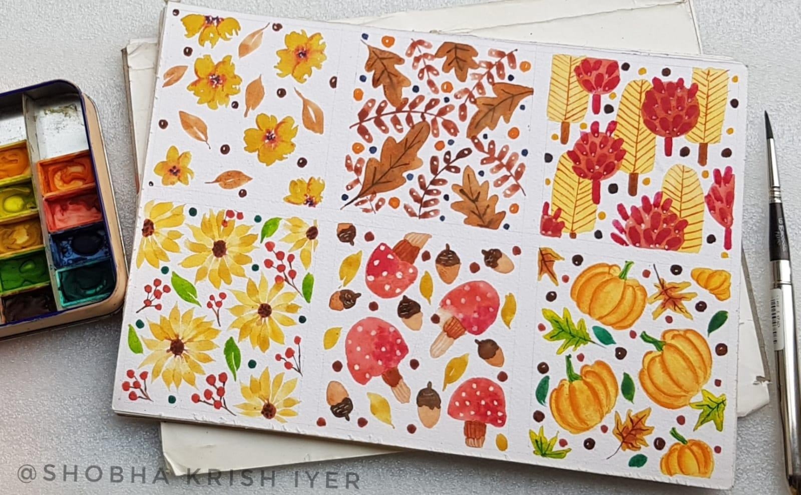 Autumn patterns in Watercolor - student project