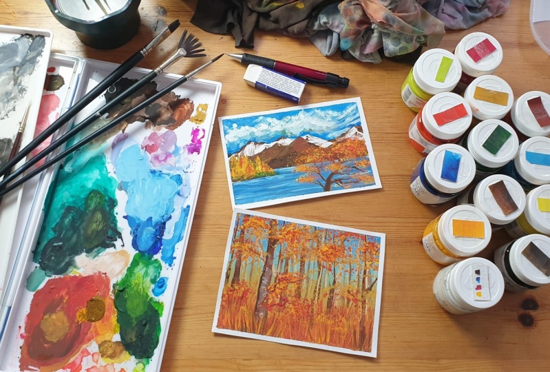 Trying to paint autumn landscapes in gouache