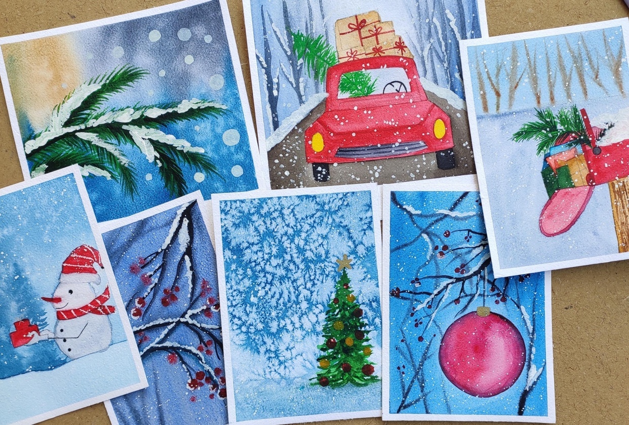 Watercolor Holiday cards - student project