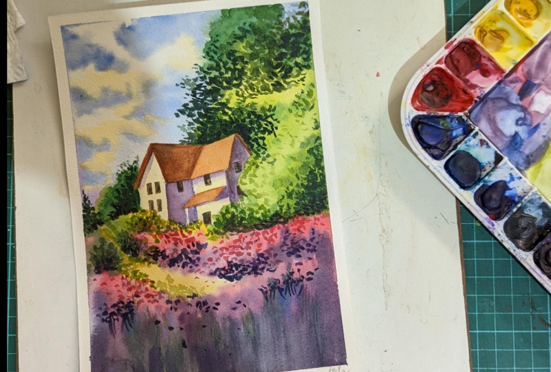 Watercolor Painting: Learn to Paint a Beautiful Flower field and House ...