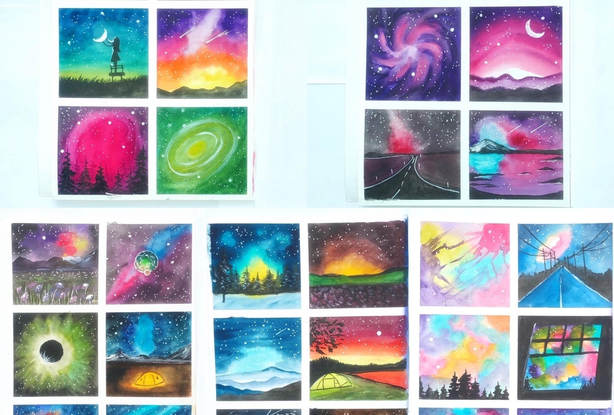 Galaxies and night skies in watercolor - student project