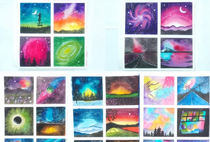 Galaxies and night skies in watercolor