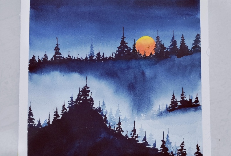 Watercolor moonrise painting