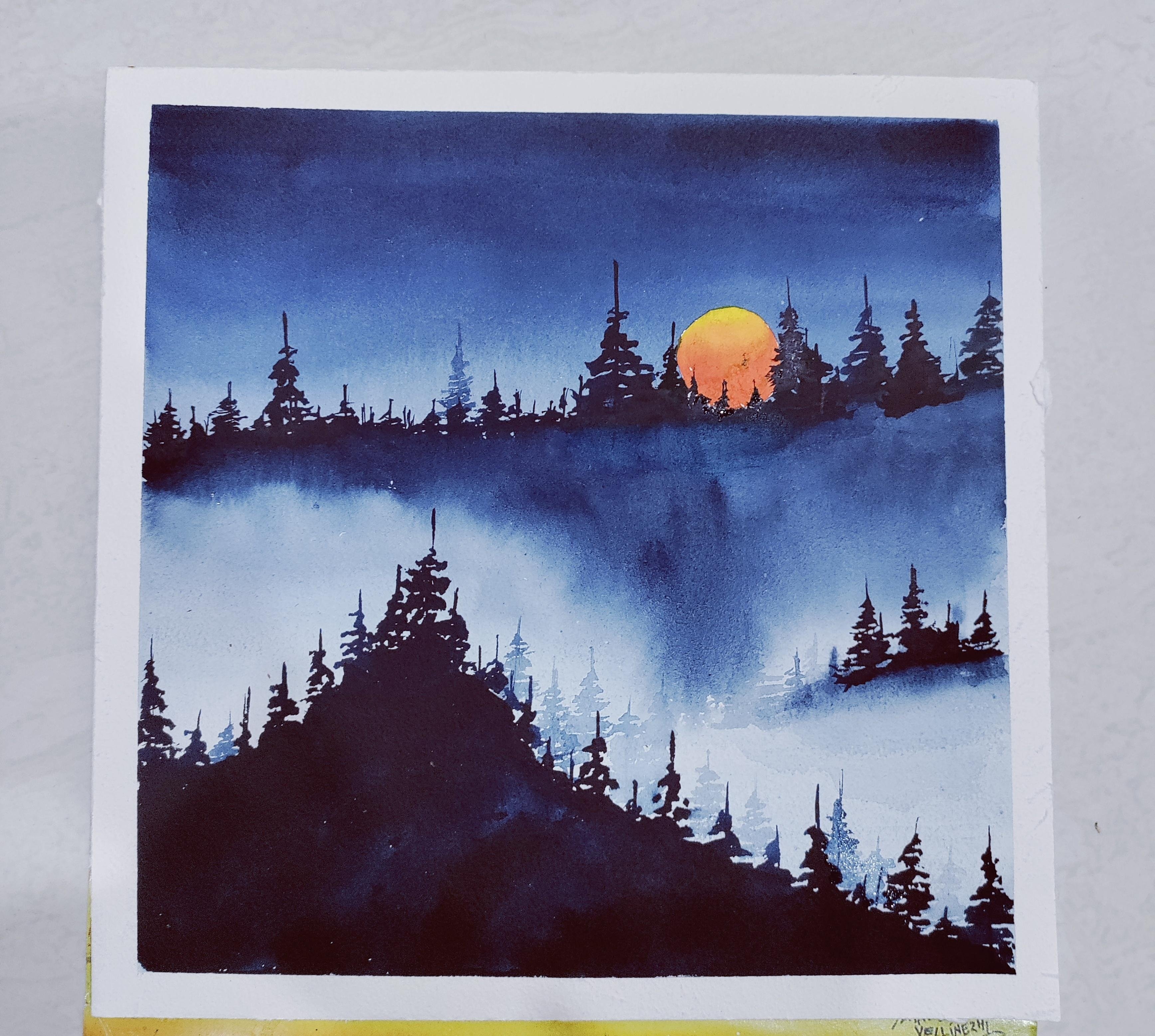 Watercolor moonrise painting - student project