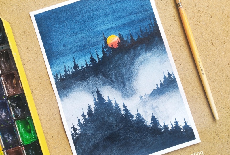 Watercolor Moonrise Painting