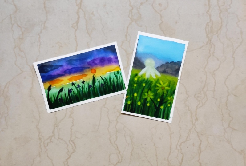 Watercolor Sunset Floral Field Landscapes