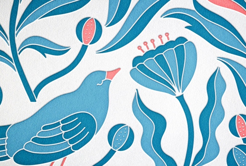 Bird illustration in 3-color letterpress