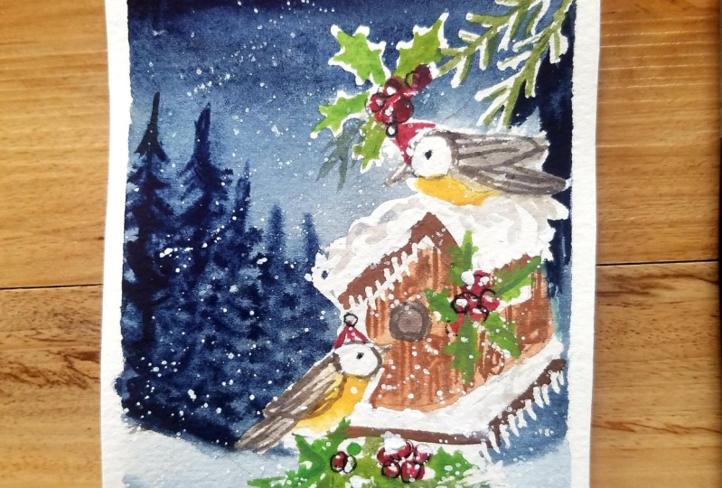 Watercolor Birds and Birdhouse in a Snowy Christmas Winter Wonderland