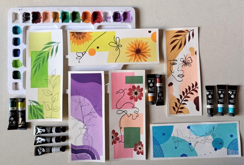 Calming Gouache Paintings with Line Art