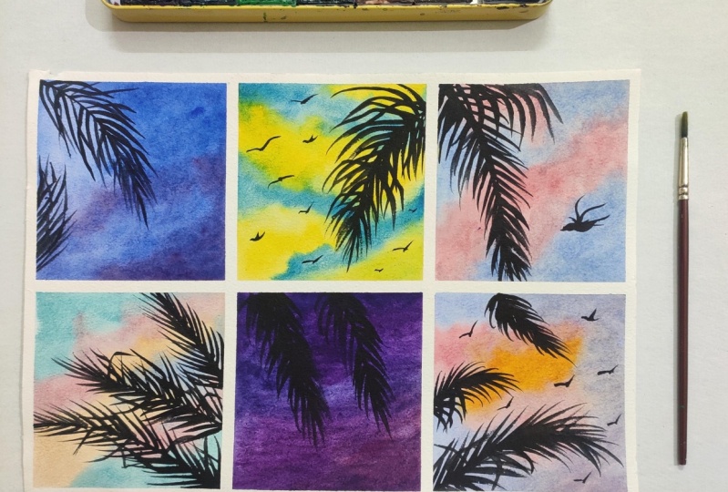 Watercolor coconut leaves and skies