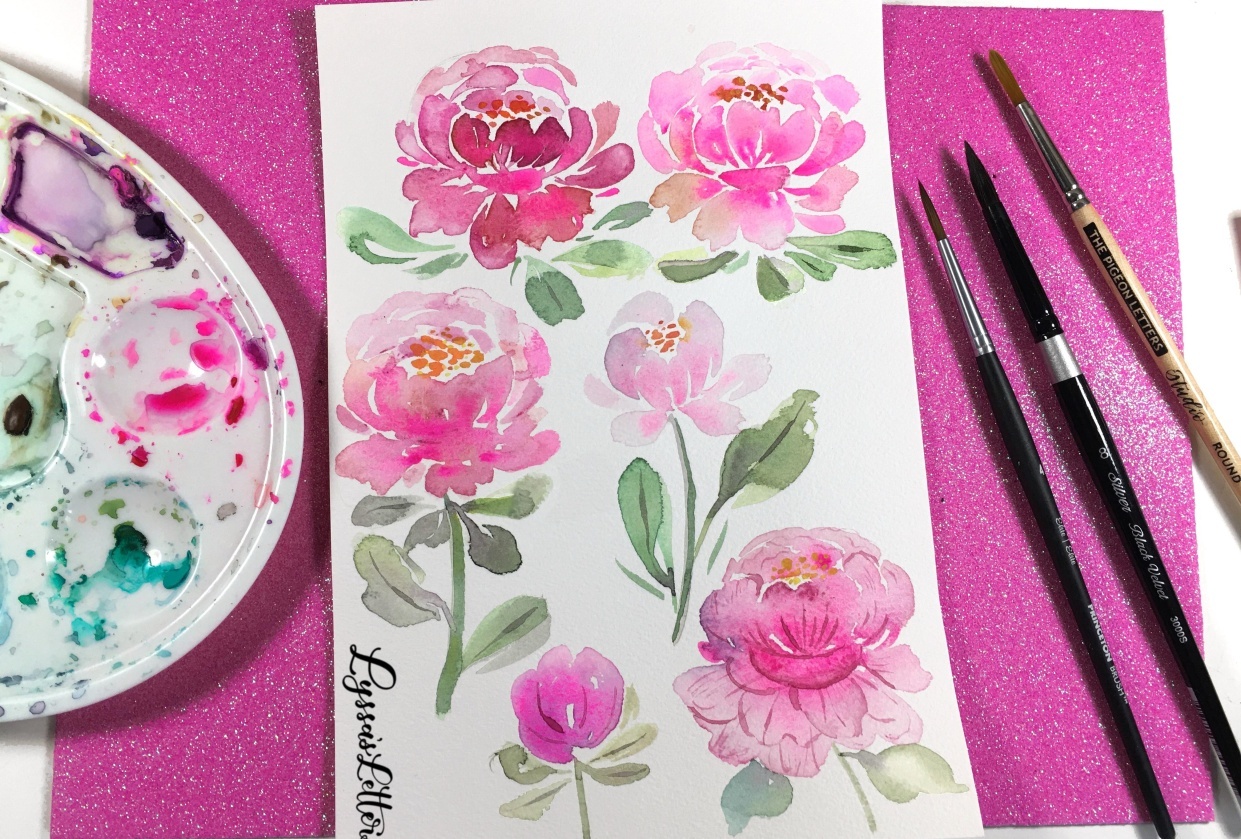 Watercolor peony practice in different styles - student project