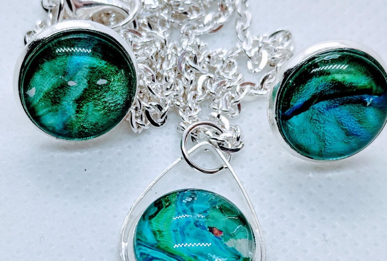 Necklace and Earrings from Acrylic Paint Skins - student project