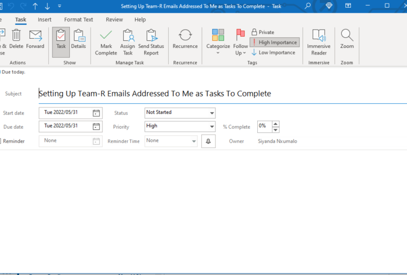 Setting Up Team-R Emails Addressed To Me as Tasks To Complete