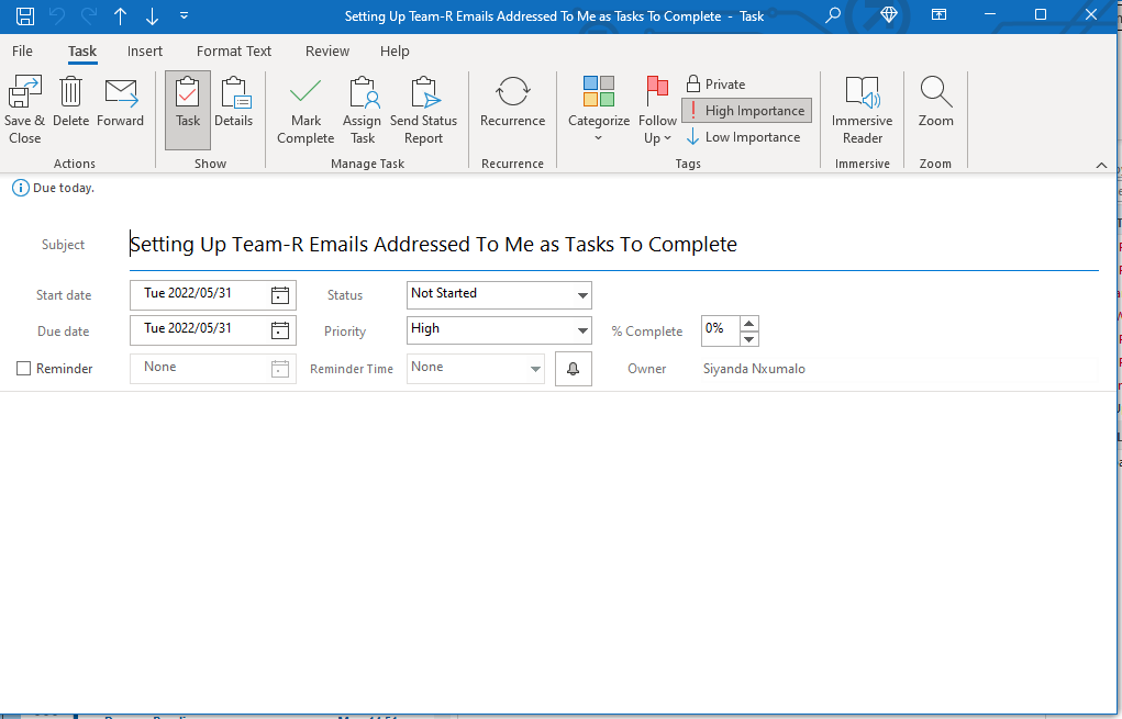 Setting Up Team-R Emails Addressed To Me as Tasks To Complete - student project