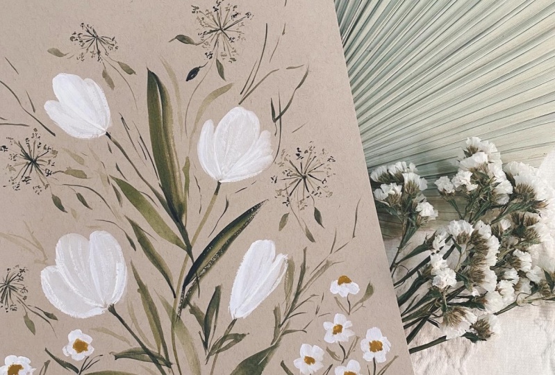 Painting watercolor florals in white