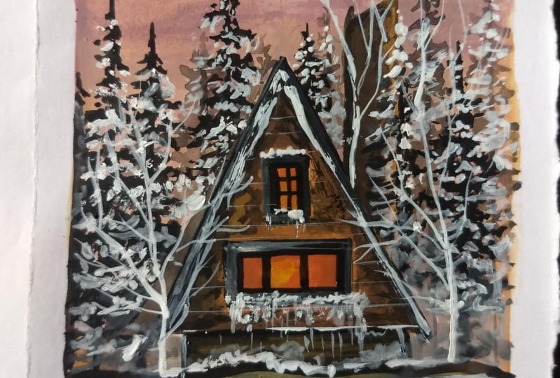 Serene winter cabin with Mayuri