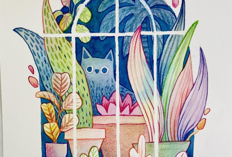 Negative painting cat with plants