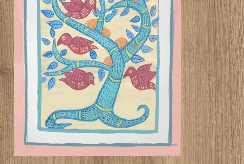 Trees and birds folk art