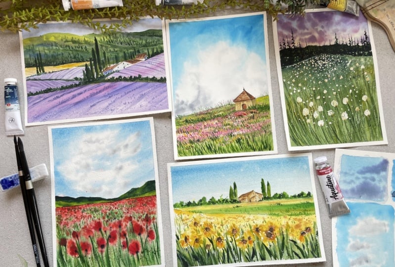Floral fields using watercolors