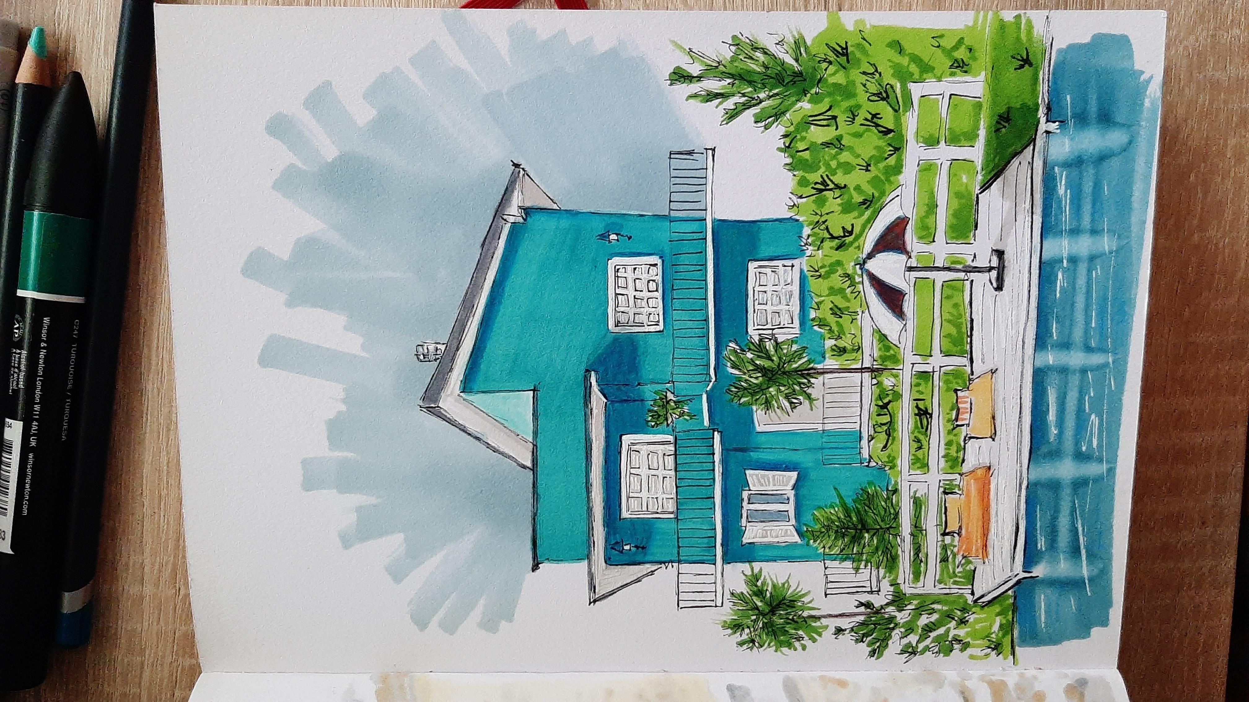 Urban sketching turquoise house - student project