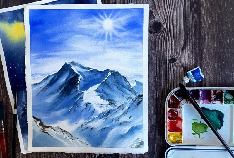 Sunny Winter Mountain in Watercolor