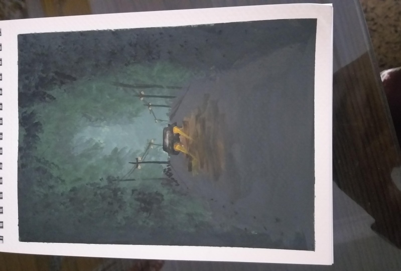 Misty forest with glowing light with gouache