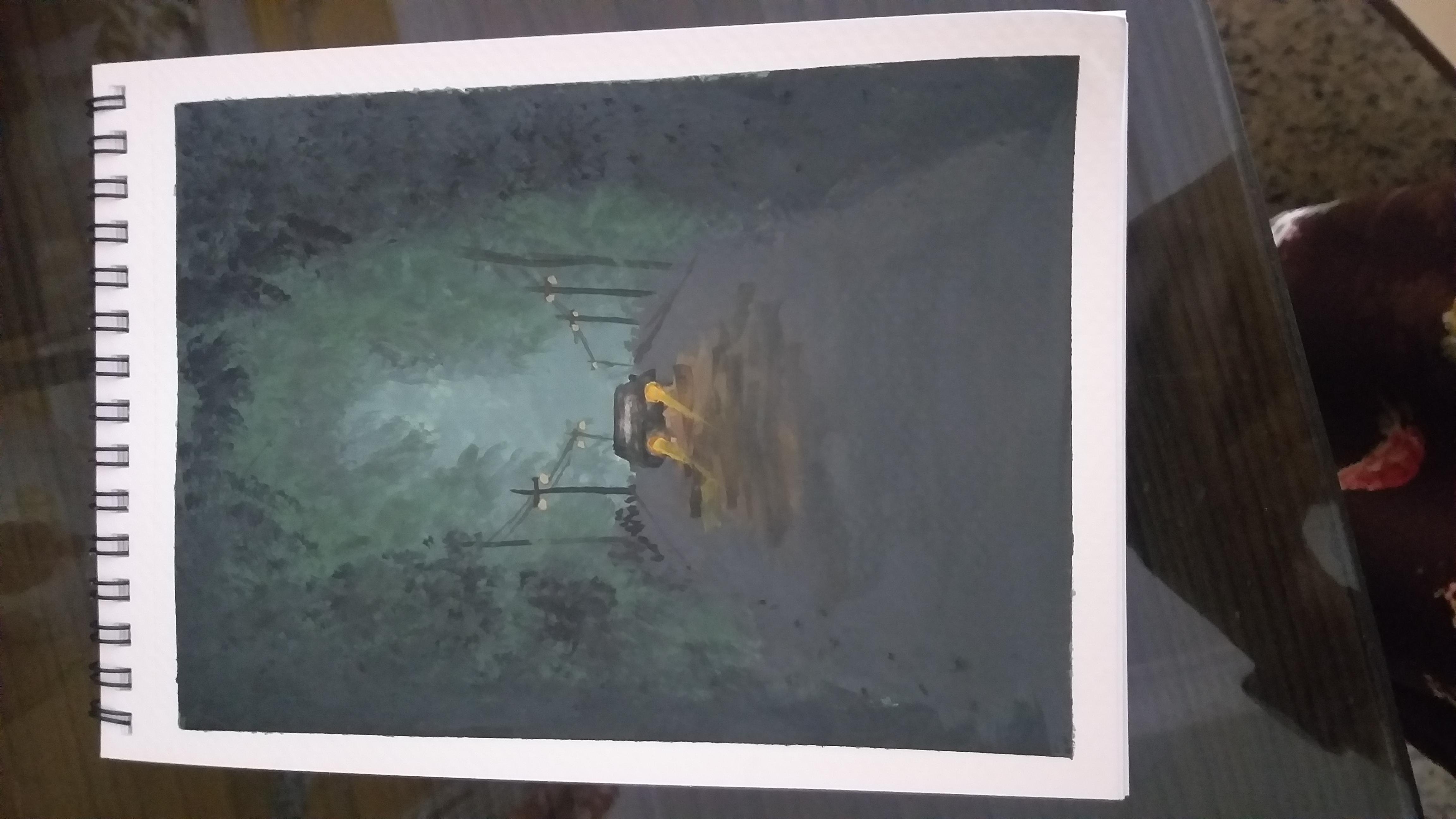 Misty forest with glowing light with gouache - student project