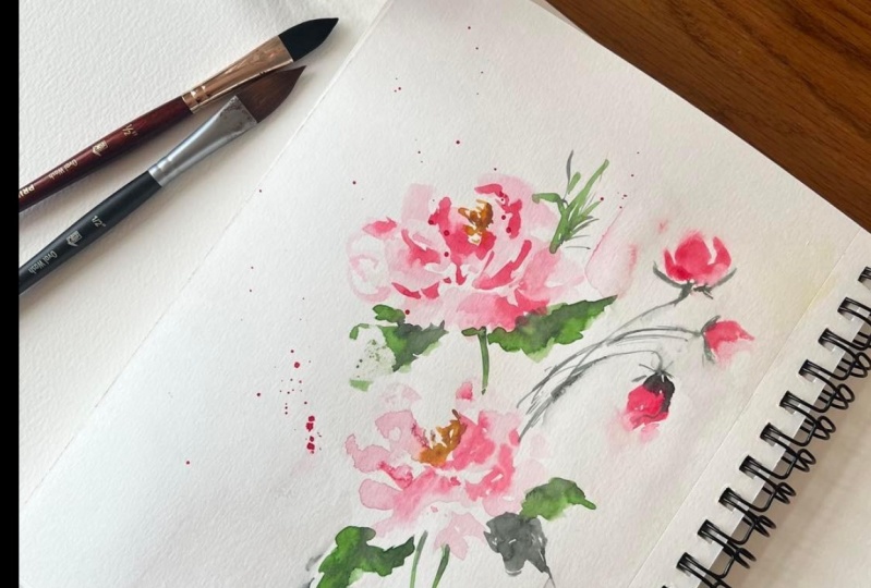 Peonies with oval wash