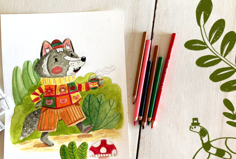 llustración con acuarela: Lobo Feroz