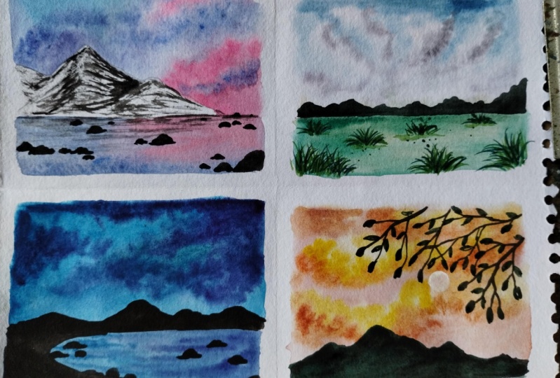 Watercolor landscape with Kirti