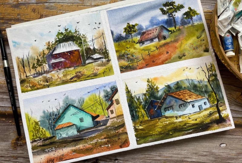 Village inspired landscapes - Loose painting method
