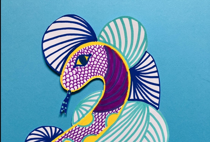 Un de mes zendala et mon animal totem réalisés aux feutres et aux poscas.
