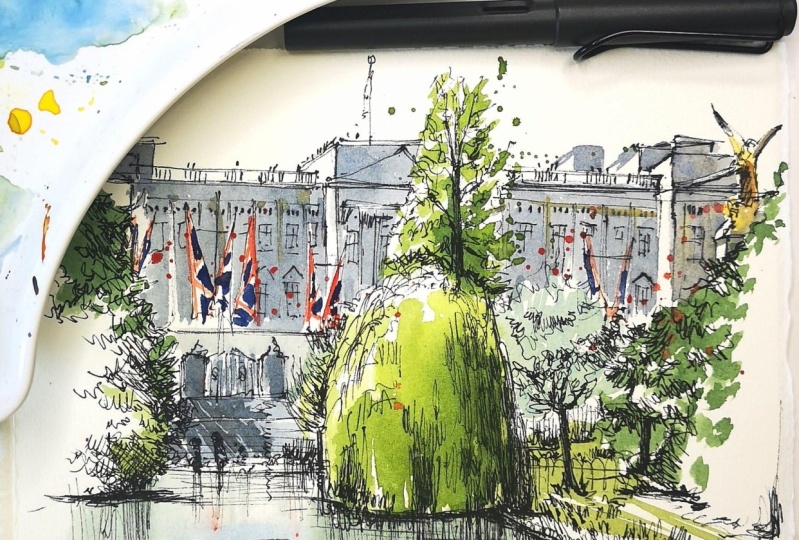 A scene of Buckingham Palace from St.James park