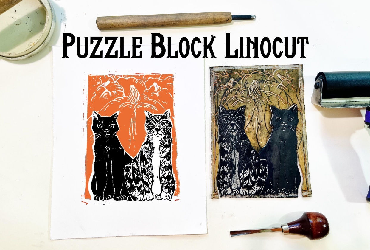 Puzzle Block Linocut Printmaking - student project